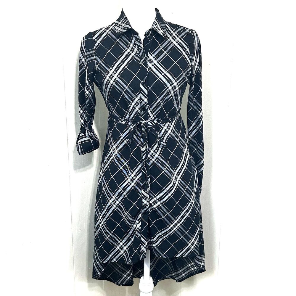 Love Notes Women's Black White Plaid Dress Size Small Hi-Low Button Down Dress